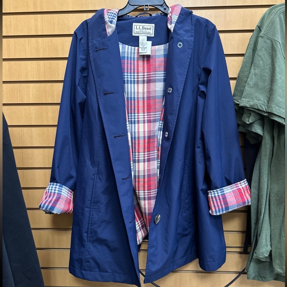 L.L. Bean navy and plaid rain coat